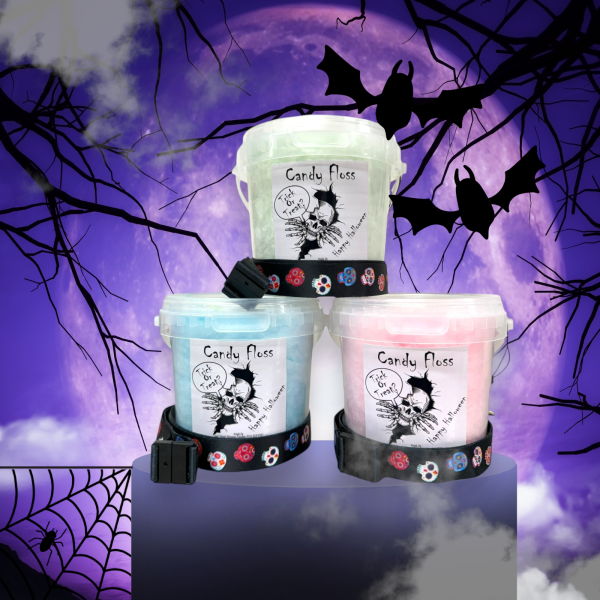 12x Halloween Candy Floss with Skeleton Label & Skull Lanyard